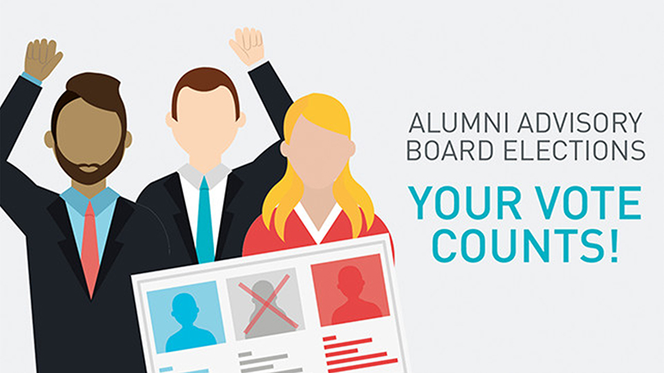 Graphic image with three characters standing behind a drawn ballot card.Text on the image reads: Alumni Advisory Board Elections - Your Vote Counts! 